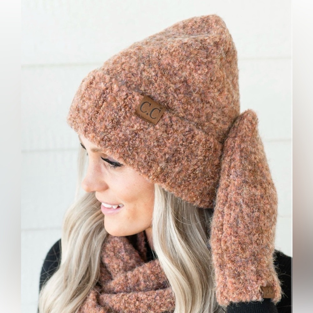 CC‎ MIXED BOUCLE CUFF BEANIE - ULTRA SOFT WINTER HAT in Warm pink, Orange,Brown